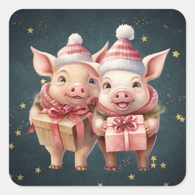 Niedliche Weihnachtsschweine Quadratischer Aufkleber (Vorderseite)
