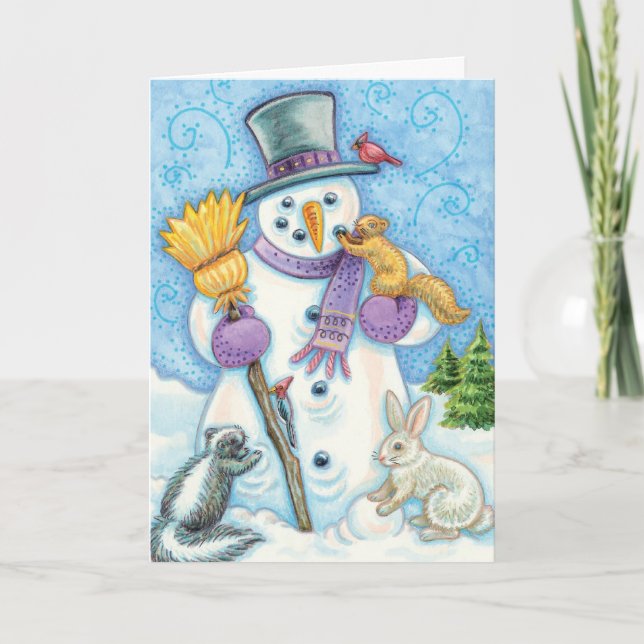 Niedliche Weihnachtstiere Gebäude ein Schneemann Feiertagskarte (Vorderseite)