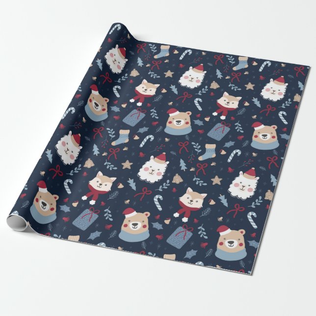 Niedliche Weihnachtstiere Geschenkpapier (Ungerollt)