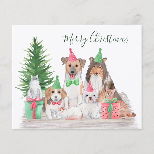Niedliche Weihnachtstiere Hundekatze Welpe Kitten (Vorderseite)