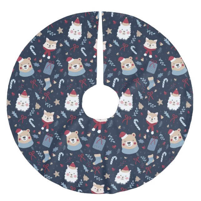 Niedliche Weihnachtstiere Polyester Weihnachtsbaumdecke (Vorderseite)