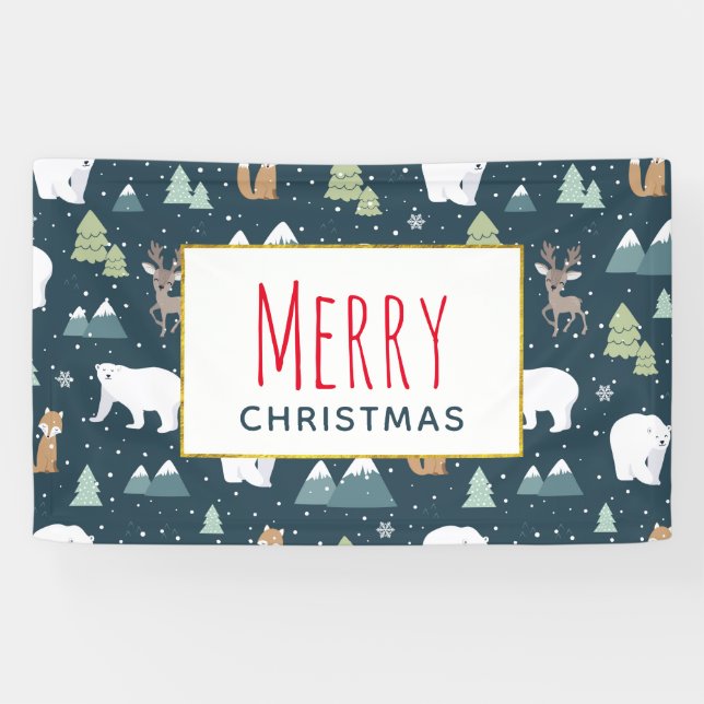 Niedliche Weihnachtstiere Rustikales Muster Banner (Horizontal)