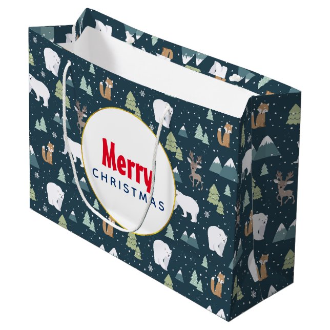 Niedliche Weihnachtstiere Rustikales Muster Große Geschenktüte (Vorderseite Schrägansicht)
