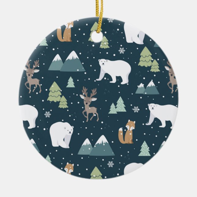 Niedliche Weihnachtstiere Rustikales Muster Keramik Ornament (Vorne)