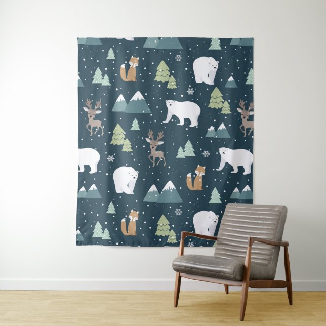 Niedliche Weihnachtstiere Rustikales Muster Wandteppich (Beispiel)