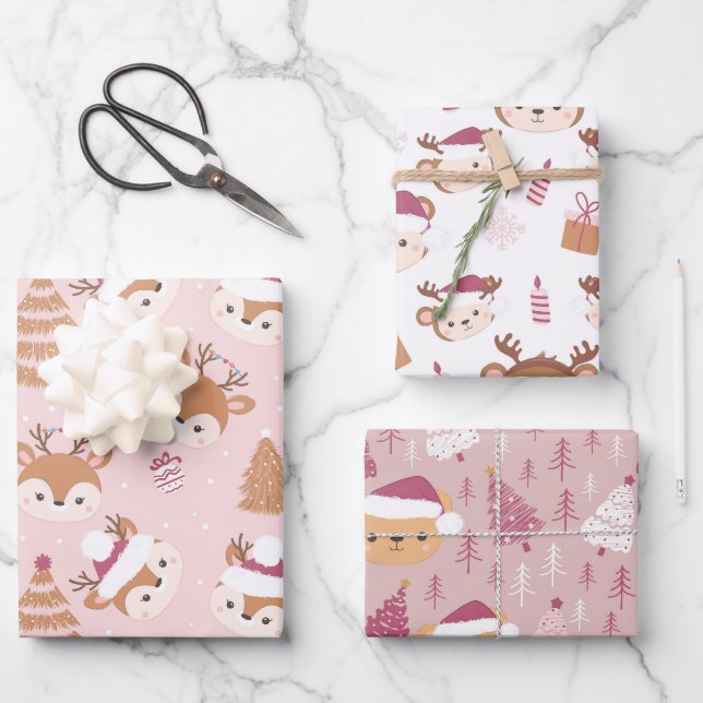 Niedliche Weihnachtstiere Umhüllungsblatt Set von  Geschenkpapier Set (Vorderseite)