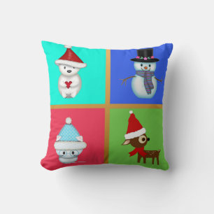 Niedliche Weihnachtstiere und ein Schneemann Kissen
