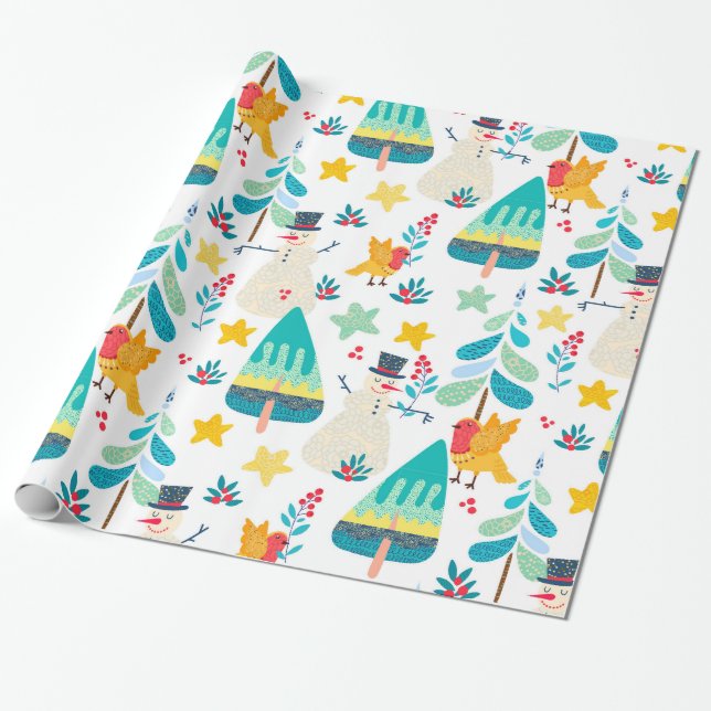 Niedliche Weihnachtstiere und Symbolmuster Geschenkpapier (Ungerollt)