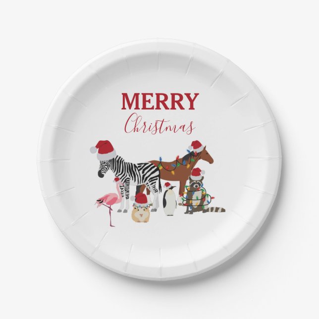 Niedliche Weihnachtstiere Weihnachtsmannmützen Lig Pappteller (Vorderseite)