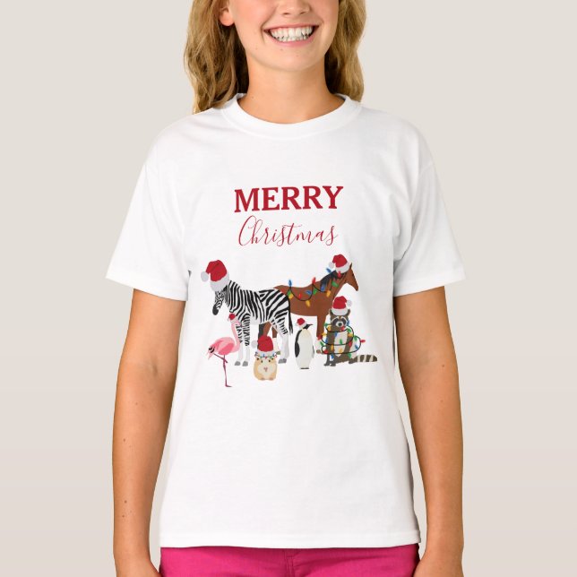 Niedliche Weihnachtstiere Weihnachtsmannmützen Lig T-Shirt (Vorderseite)