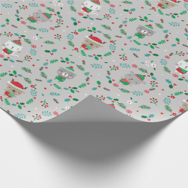 Niedliche Weihnachtstierkränze Grau Geschenkpapier (Ecke)