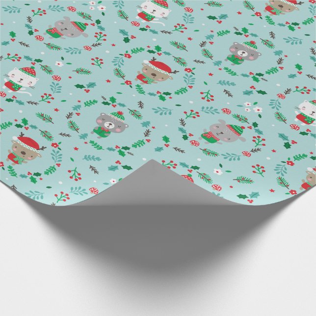Niedliche Weihnachtstierreste blau Geschenkpapier (Ecke)