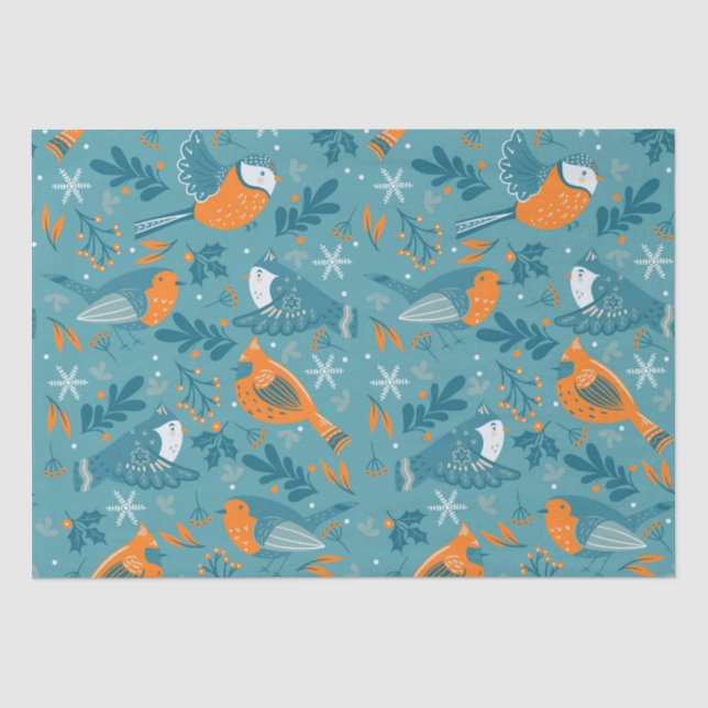 Niedliche Weihnachtsvögel und Schneeflocken Seidenpapier (Vorderseite)