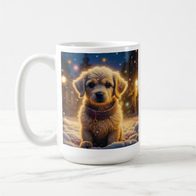 Niedliche Weihnachtswelpen auf einer schneebedeckt Kaffeetasse (Links)