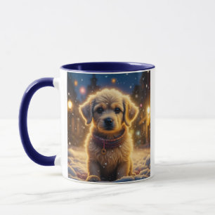 Niedliche Weihnachtswelpen auf einer schneebedeckt Tasse