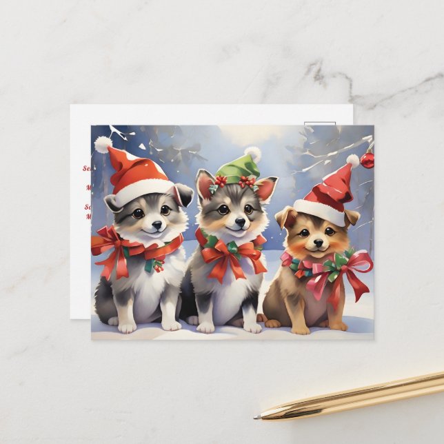 Niedliche Weihnachtswelpen mit Weihnachtsmannmütze Postkarte (Vorderseite/Rückseite Beispiel)