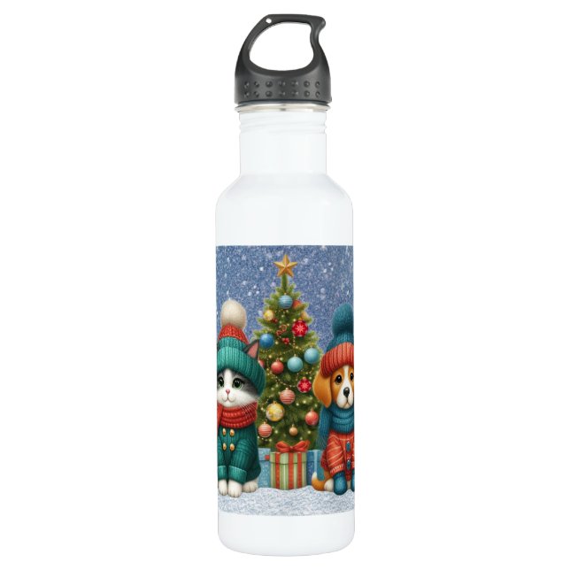 Niedliche Weihnachtswelpen und -kätzchen Edelstahlflasche (Vorderseite)