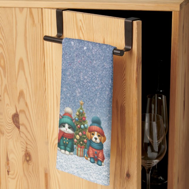 Niedliche Weihnachtswelpen und -kätzchen Geschirrtuch (Drittel gefaltet)
