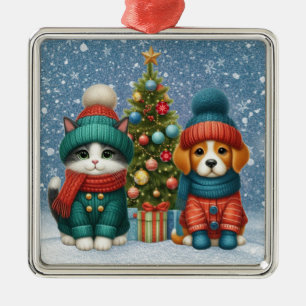 Niedliche Weihnachtswelpen und -kätzchen Ornament Aus Metall