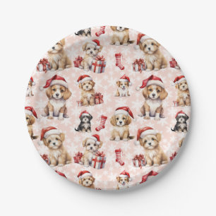 Niedliche Weihnachtswelpen und Strümpfe Pappteller