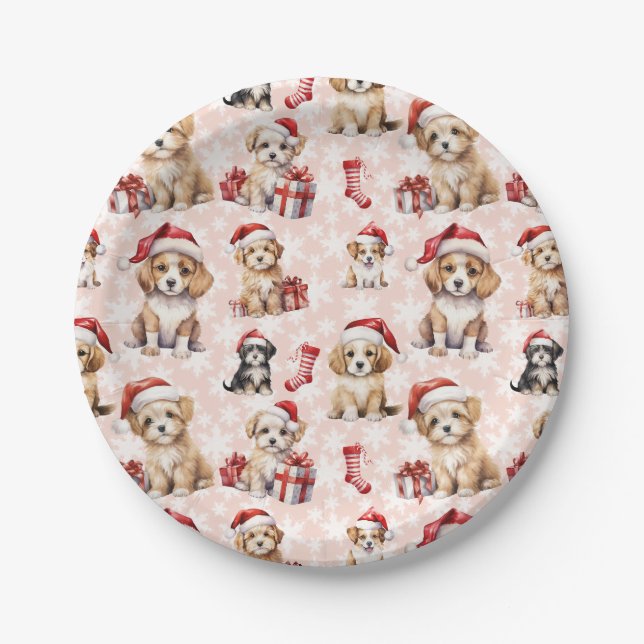 Niedliche Weihnachtswelpen und Strümpfe Pappteller (Vorderseite)