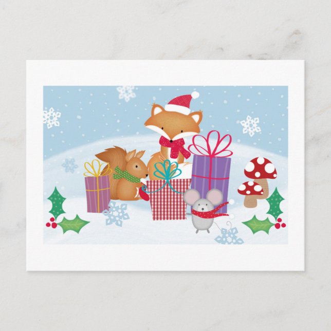 Niedliche Weihnachtswintertiere Kunst Feiertagspostkarte (Vorderseite)