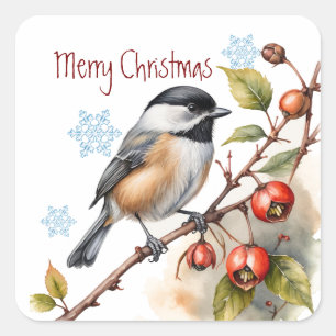 Niedliche Weihnachtszeit - Chickadee Bird Arte e C Quadratischer Aufkleber