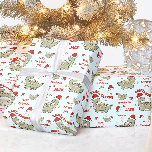 Niedliche Weihnachtszeit Dinosaurier Santasaurus B Geschenkpapier (Cute Christmas Dinosaur Santasaurus Blue Name Wrapping Paper)