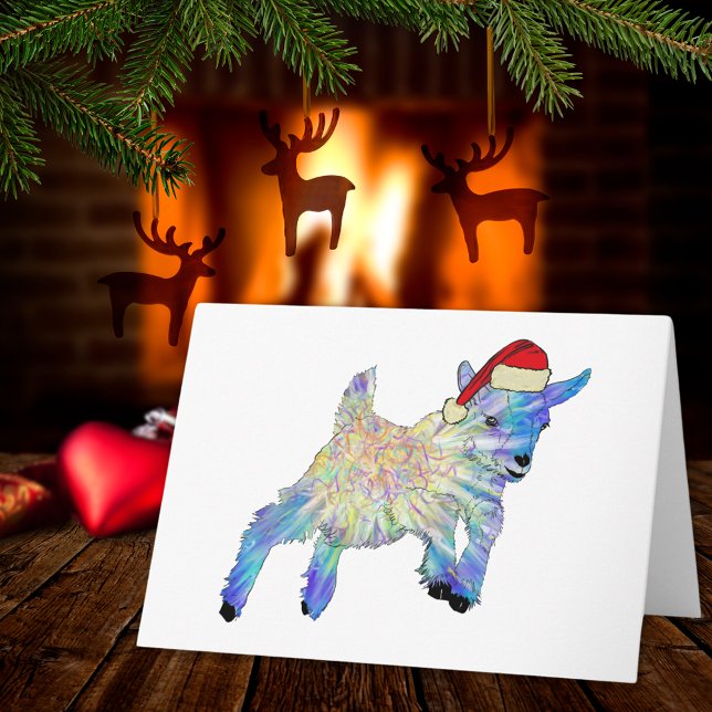 Niedliche Weihnachtsziege farbenfrohe Farm Tierart Karte (Cute christmas pigmy goat wearing a santa hat, colorful farm animal art holiday greetings card)