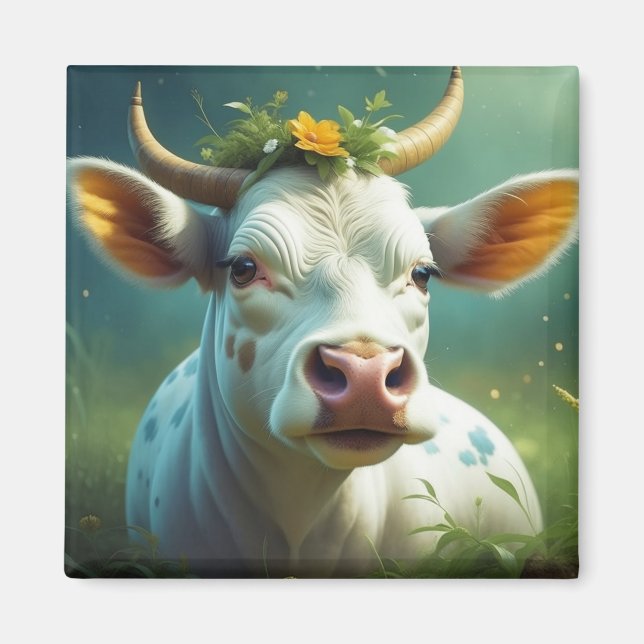 Niedliche weiße Ai-Kuh mit Hörnern und Blume Magnet (Vorne)