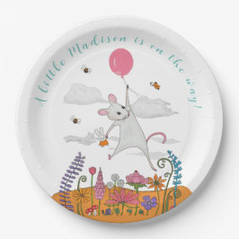 Niedliche, weiße Babymaus mit Ballon-Babydusche Pappteller