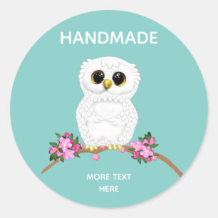 Niedliche weiße Eule auf hell türkis Handmade Runder Aufkleber