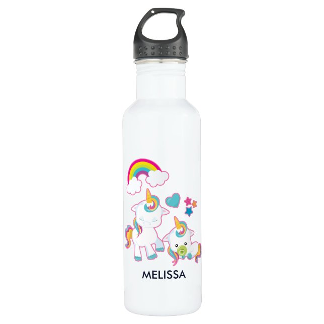 Niedliche weiße Hörner Magische Mama & Baby Edelstahlflasche (Vorderseite)