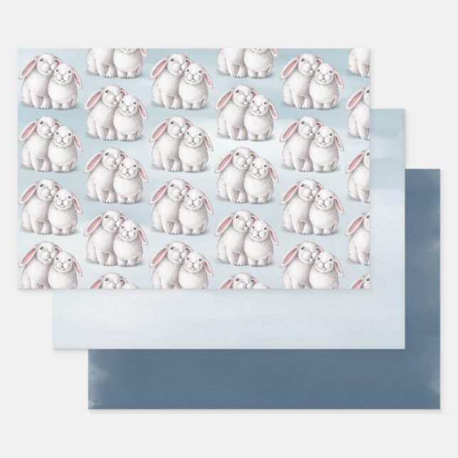 Niedliche weiße Kaninchen Blauer Winter Weihnachte Geschenkpapier Set (Set)