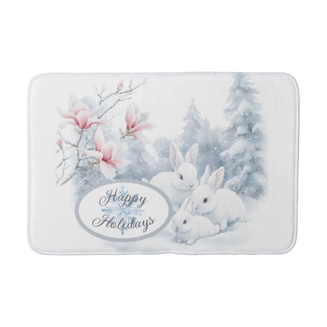 Niedliche weiße Kaninchen im Winterschnee Badematte (Vorderseite)