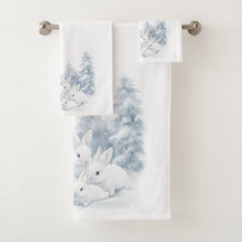 Niedliche weiße Kaninchen im Winterschnee Badhandtuch Set