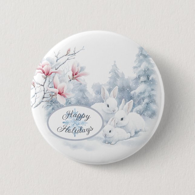 Niedliche weiße Kaninchen im Winterschnee Button (Vorderseite)