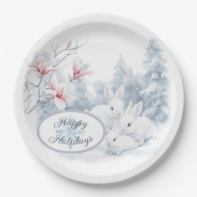 Niedliche weiße Kaninchen im Winterschnee Pappteller (Vorderseite)