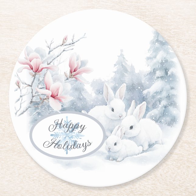 Niedliche weiße Kaninchen im Winterschnee Runder Pappuntersetzer (Vorderseite)