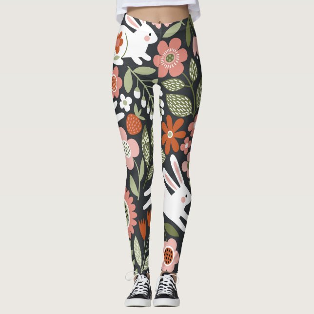 Niedliche, weiße Kaninchen, Vintages Blumenmuster. Leggings (Vorderseite)