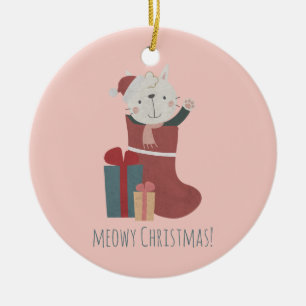 Niedliche weiße Katze in Weihnachtssocken Keramik Ornament