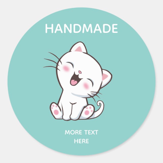 Niedliche weiße Katze mit Aquamariner Hand Runder Aufkleber (Vorderseite)