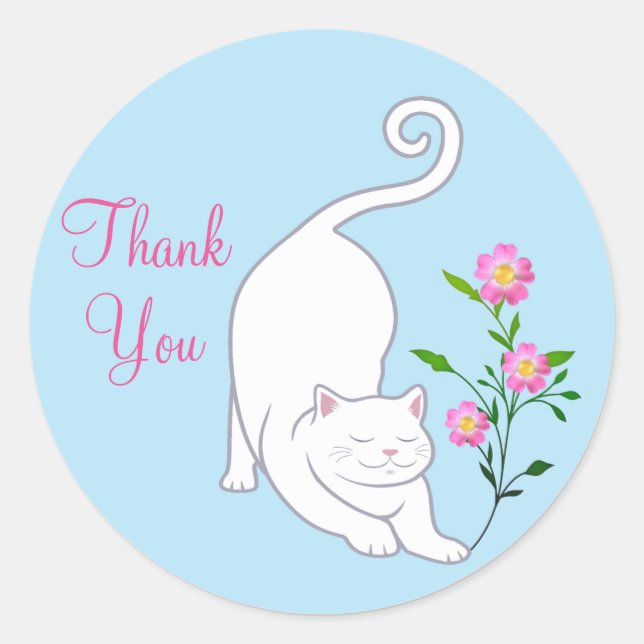 Niedliche weiße Katze mit Blume Danke Runder Aufkleber (Vorderseite)