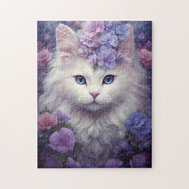 Niedliche weiße Katze mit Blume, Fantasiekunst (Vertikal)