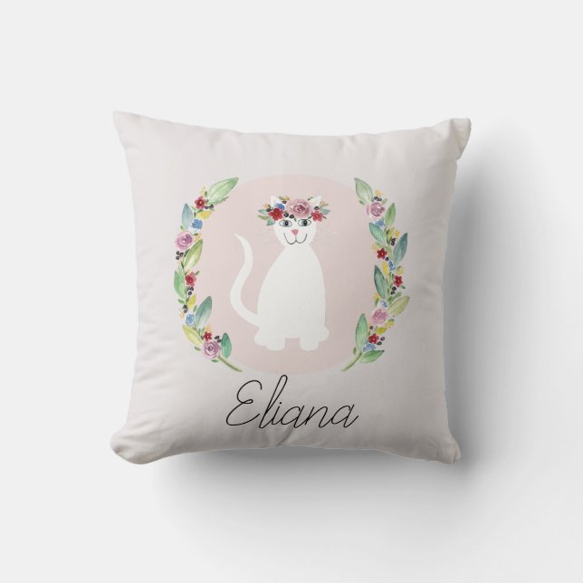 Niedliche weiße Katze mit Blume und Name Kissen (Vorderseite)