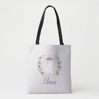 Niedliche weiße Katze mit Blume und Namenskinder Tasche