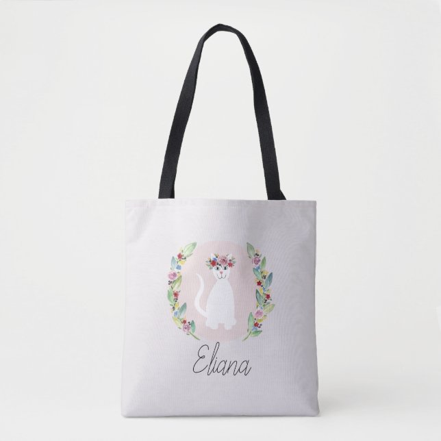 Niedliche weiße Katze mit Blume und Namenskinder Tasche (Vorderseite)