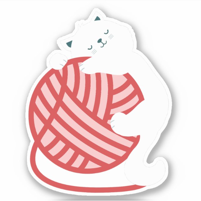 Niedliche weiße Katze mit Garnkugel Aufkleber (Vorderseite)