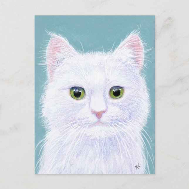 Niedliche weiße Katze mit grünen Augen Postkarte (Vorderseite)