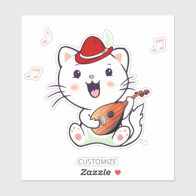 Niedliche weiße Katze mit Mandolin Aufkleber (Blatt)